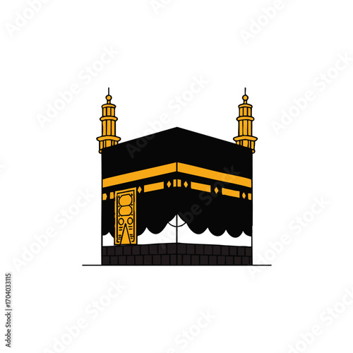 Simple vector illustration of the Holy Kaaba in Mecca, with black Kiswah cloth and gold details.