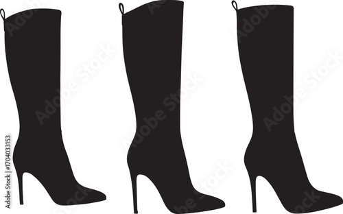 Three black high heel knee high boots silhouette