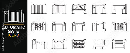 Vector icons of automatic gates – residential and industrial security barriers, sliding, and swing entrances