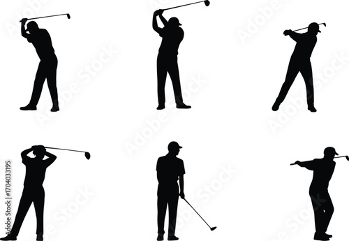 Collection of golfer silhouettes in different swinging poses with golf clubs, black vector sports illustration, professional golfing design, outdoor recreation and activity concept