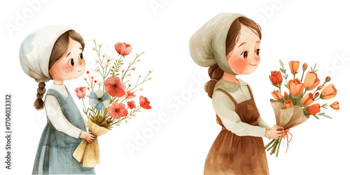 midwife holding flowers bouquet watercolor vector illustration