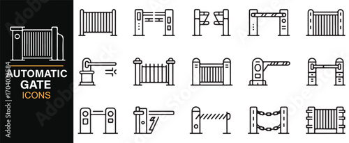 Vector automatic fence icons – editable architecture illustrations of sliding, swing, and driveway gates