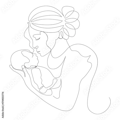 Elegant single line drawing of mother holding baby with love and tenderness child infant