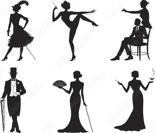 Collection of vintage people silhouettes vector illustration, elegant men and women in retro fashion poses, classic 1920s style design, isolated black artwork