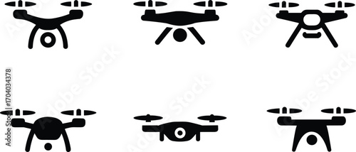Drone silhouette vector collection with quadcopter icons, unmanned aerial vehicle, remote control drone, flying technology, aerial photography, surveillance and modern aviation design elements