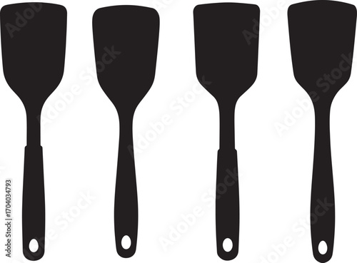 Four black kitchen spatula utensils silhouette
