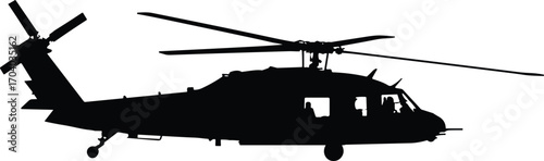 Military helicopter silhouette vector illustration, army aircraft design, aviation transport symbol, black hawk helicopter graphic, war aviation element, combat aircraft icon isolated design