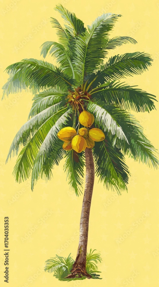 Fototapeta premium Yellow Background Palm Tree Coconuts