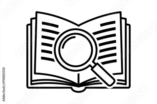 Open book with magnifying glass icon black and white search research 1