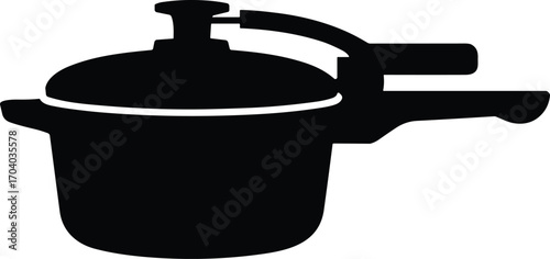 Pressure cooker silhouette vector illustration, kitchen appliance cooking pot design, modern household cookware symbol, food preparation equipment icon, isolated black simple graphic