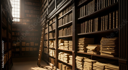 Photorealistic Scene of Library Interior with Newspapers and Books on Shelves