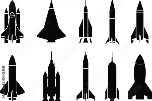 Rocket silhouette vector collection with space shuttle, spacecraft, launch vehicles, astronautics symbols, futuristic rocket designs, exploration illustration,