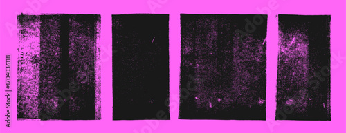 Ink paint linocut stamp texture set. Rough and eroded rectangle shapes on bright pink background.