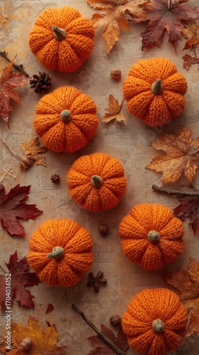 Autumnal Knitted Pumpkins and Fall Leaves