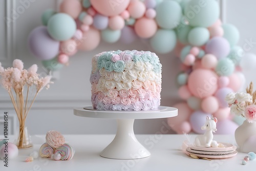 A pastel-themed birthday celebration with a fluffy cake surrounded by soft-colored decor, including balloons and delicate accents