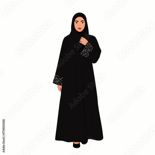 Elegant Muslim woman in a black hijab and abaya with decorative embroidered sleeves.