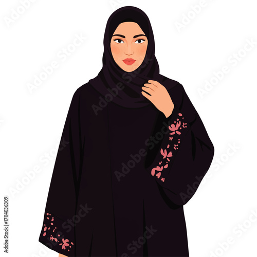 Elegant Muslim woman in a black hijab and abaya with pink floral embroidery on the sleeves.