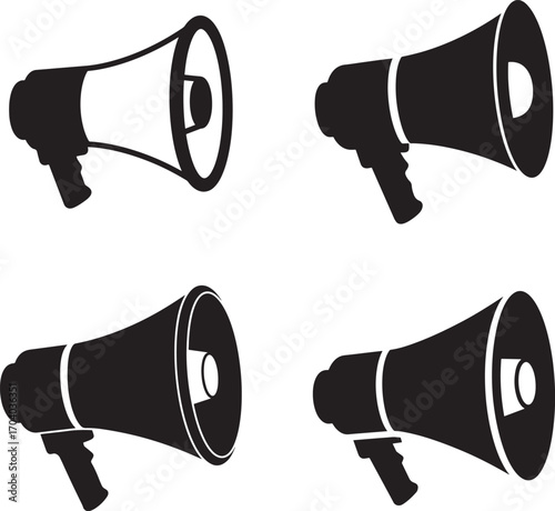 Four megaphone icons in silhouette