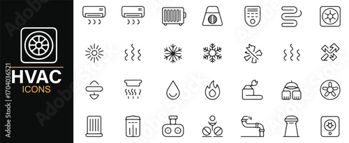 Vector icons for HVAC – climate regulation, heating, cooling, air flow, and system appliance set