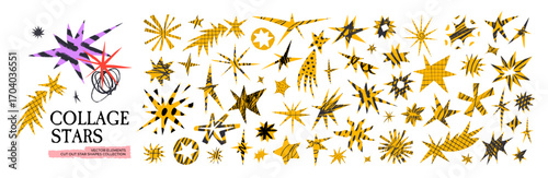 Irregular star collage cut out shapes with scribbles and crayon patterns. Paper funky stickers with rough sketch textures for playful scrapbook or zine design. Vector asymmetry angular forms.