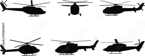 Set of black helicopter silhouette vector illustrations, aviation transport icons, military and civil aircraft designs, flight symbols, rotorcraft graphic collection for aviation themes