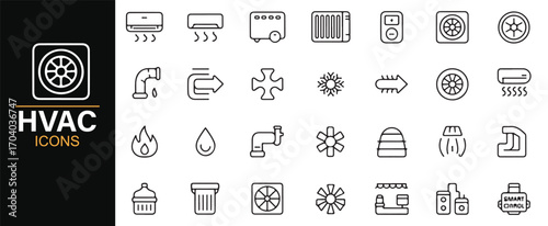 Editable HVAC equipment icons – air conditioner, ventilation, radiator, and thermostat vector collection