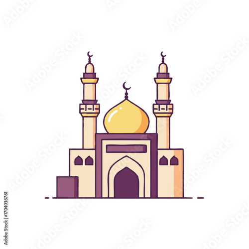 Stylized cartoon mosque illustration with a golden dome, twin minarets, and purple accents.