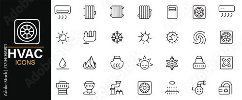 HVAC climate control icons – outline illustrations of appliances, fans, filters, fire, snowflake, and water drop