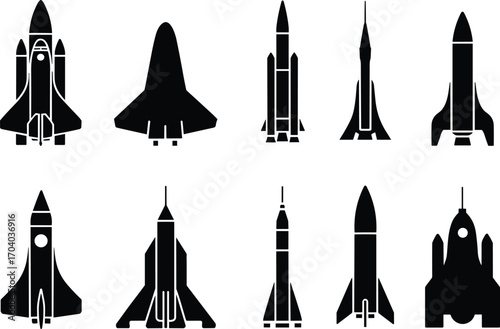Set of black silhouette rocket icons, space shuttle symbols, spacecraft launch vehicle illustrations, futuristic spaceship vector design collection, isolated exploration technology graphics