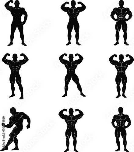Set of bodybuilding silhouette vector illustration, muscular man flexing strong body, fitness athlete posing, gym workout design, strength training artwork for decoration