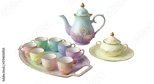 Elegant pastel porcelain tea set with intricate gold filigree patterns and gradient colors.