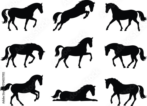 Set of horse silhouette vector illustrations featuring multiple poses including running, jumping, walking, standing, grazing, and lying down, perfect for farm, ranch, and nature designs.