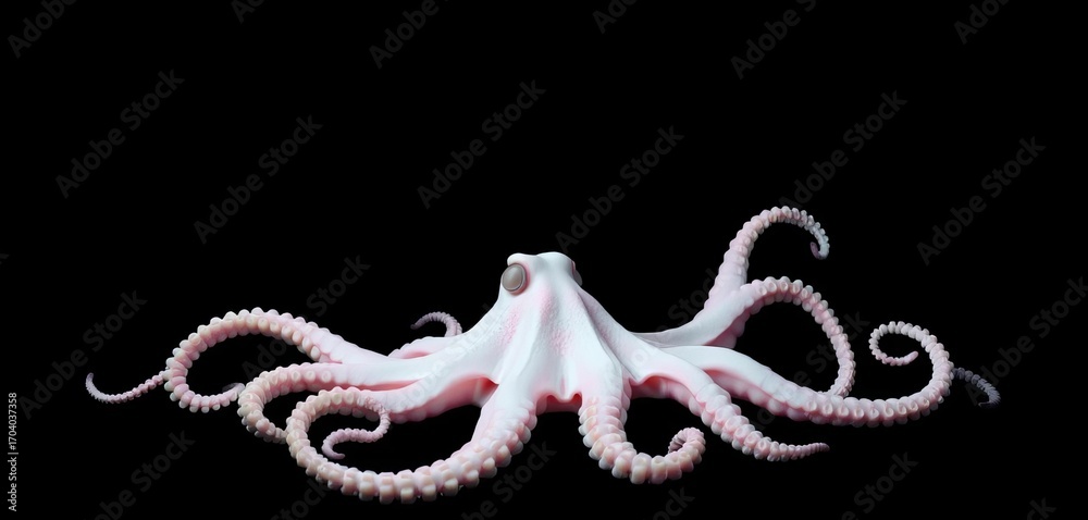 Obraz premium A lone octopus, stark white, sprawls across a deep black background, eight arms, white octopus