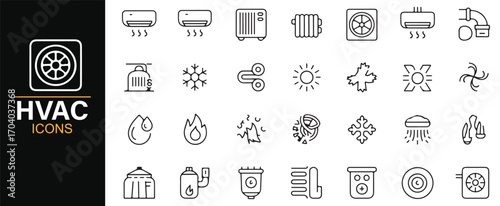 HVAC system icons – vector set including radiator, thermostat, fan, air filter, and cooling device illustrations