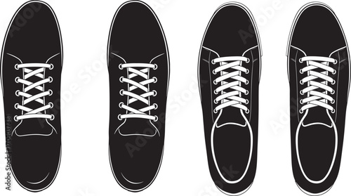 Top down view of four black sneakers silhouette