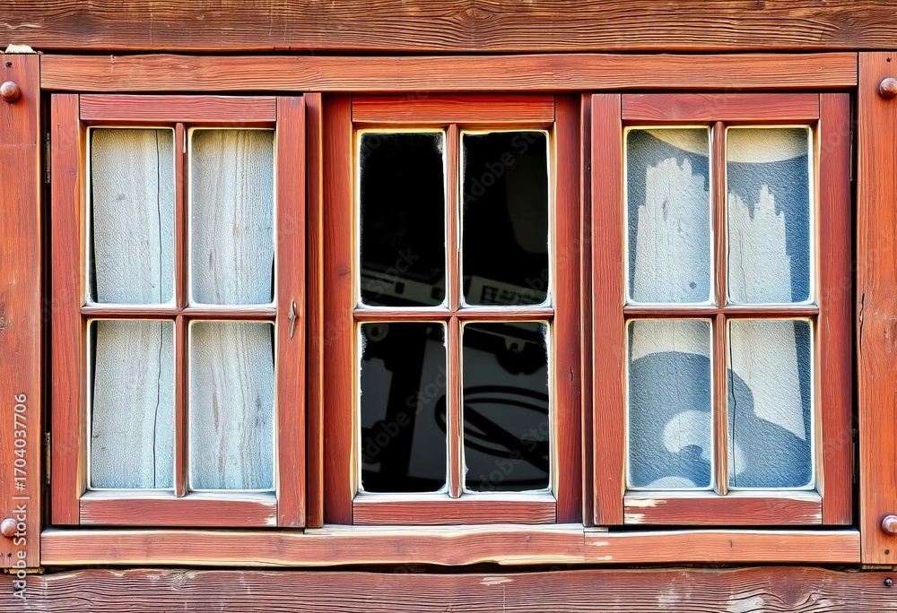 Obraz premium Antique rustic three-pane wooden window frame, isolated, threefold, empty