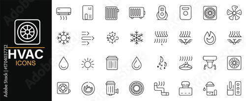 HVAC icon set – vector collection of fan, air conditioner, fire, snowflake, water drop, and air filter symbols