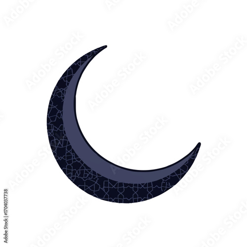 Stylized dark blue crescent moon with an intricate Islamic geometric pattern.