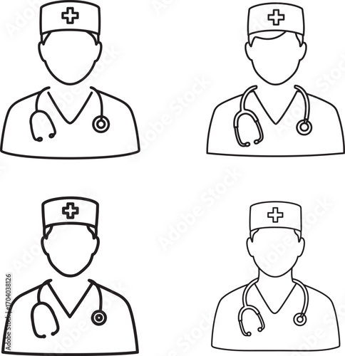 Four medical professionals silhouette icons with stethoscopes