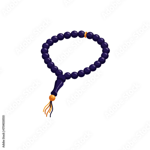 Stylized dark blue prayer beads with golden accents and tassel, religious rosary illustration