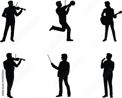 Silhouette collection of musicians playing instruments and singing, vector illustration of performers including violinist, guitarist, conductor, trombone player, and vocalist for music design