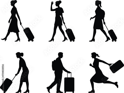 Silhouette collection of travelers with luggage, people walking, running, carrying suitcases, business trip, vacation journey, travel icons, airport vector illustration set
