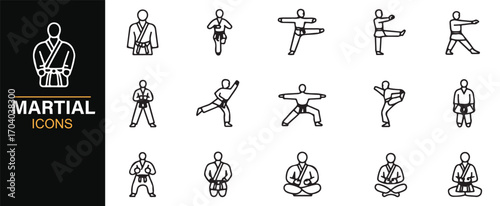 Martial arts line icons – vector collection of combat poses, karate gi, sparring, and fitness training