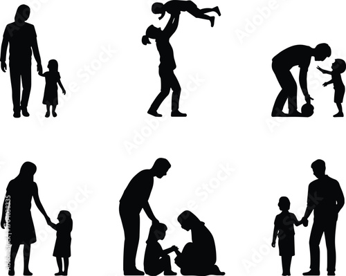Silhouette family vector illustration set, parents and children together, mother father child relationship, parenting love care symbols, parenthood childhood bonding graphic design collection