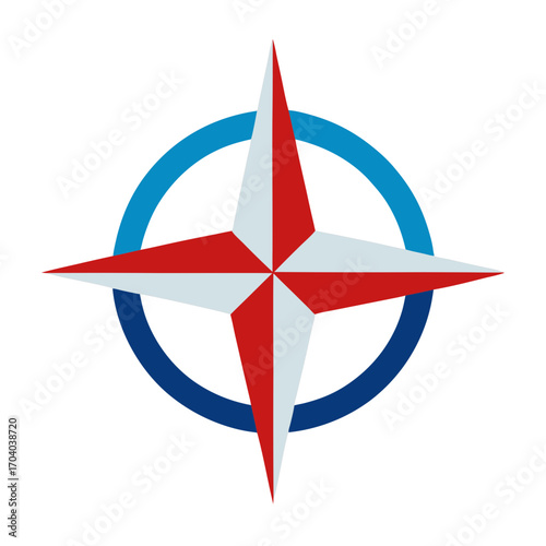 Modern compass rose with red and blue rings symbolizing direction and navigation