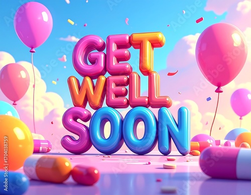 Colorful balloons and text wish a speedy recovery