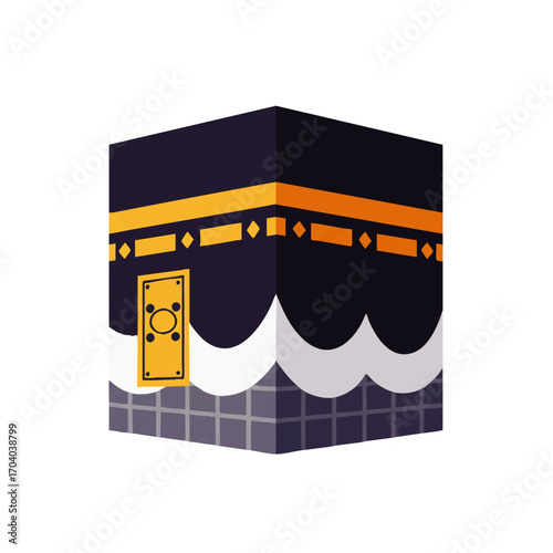Stylized flat design illustration of the Holy Kaaba, Islam's sacred building in Mecca, with its black Kiswah and golden door.