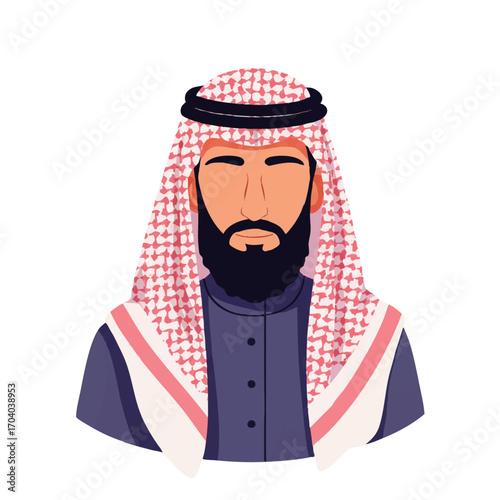 Stylized flat vector portrait of a bearded Arab man in a red and white ghutra