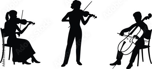 Silhouette illustration of classical musicians playing violin and cello, orchestra performers, artistic