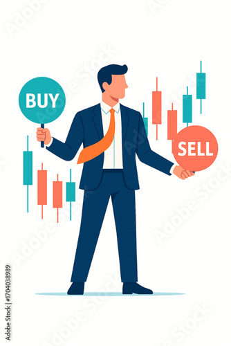 Financial analyst making investment decisions with buy and sell signals for stock market trading